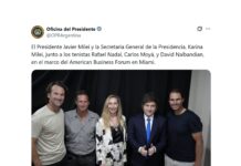 El saludo entre Javier Milei, Rafael Nadal, David Nalbandián y Carlos Moyá en el America Business Forum
